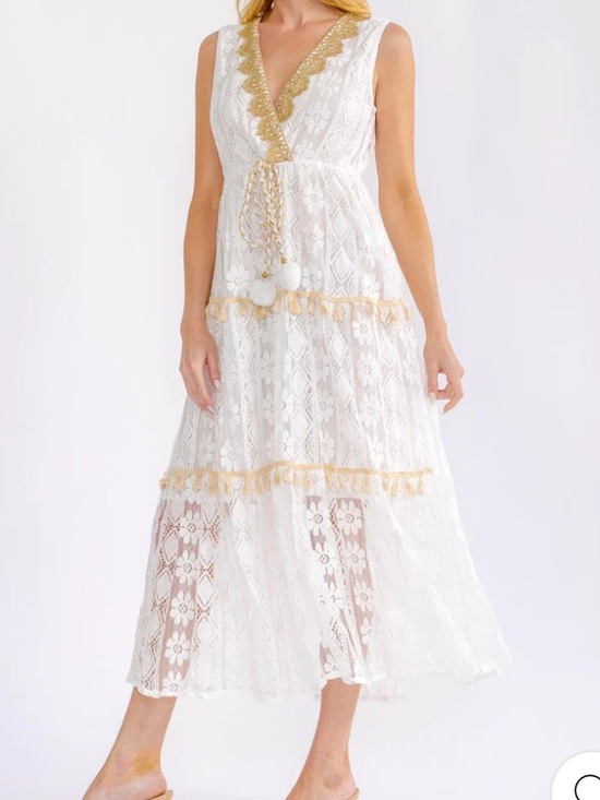 Boho Dresses & Skirts - Boho womans White Lace Maxi Dress with Gold Trim size S